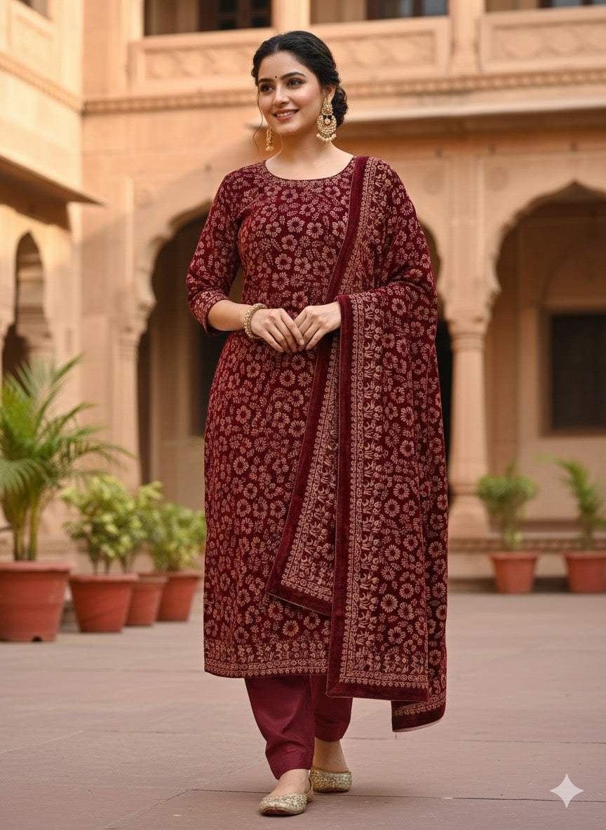 ✨ Premium Velvet Floral Embossed Suit Fabric